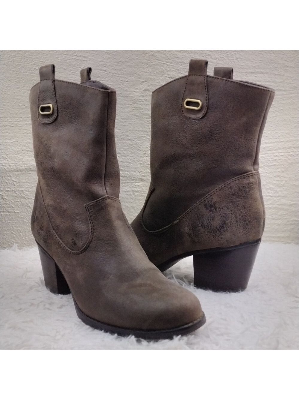 Bandolino Zephy Brown Suede Leather Almond Toe Stack Heel Pull On Mid Calf Boot